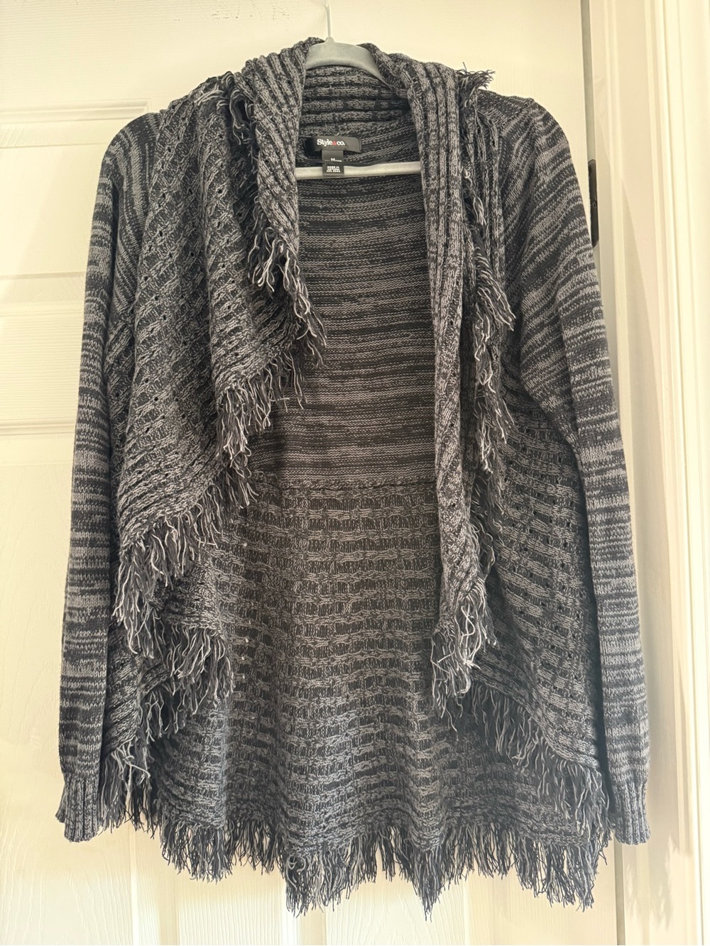 Style & Co. Gray Fringed Open-Front Knit Cardigan